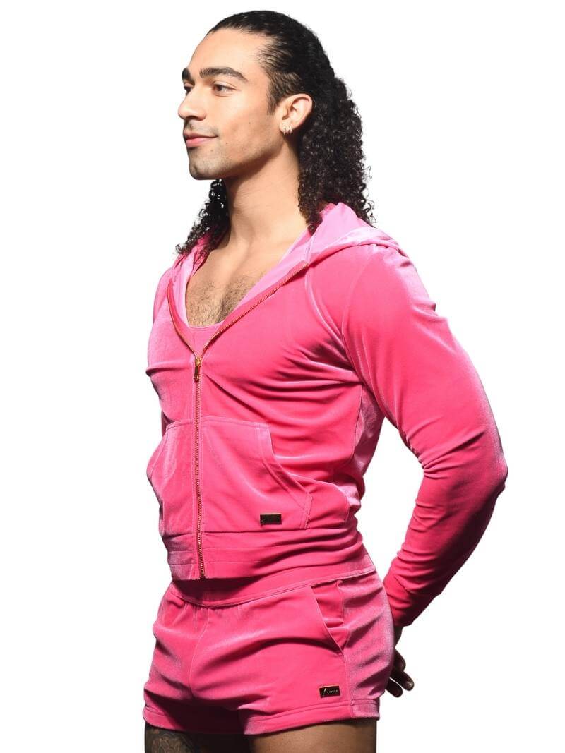 Andrew Christian Paris Vibrant Pink Velvet Zipped Hoodie - Image 4