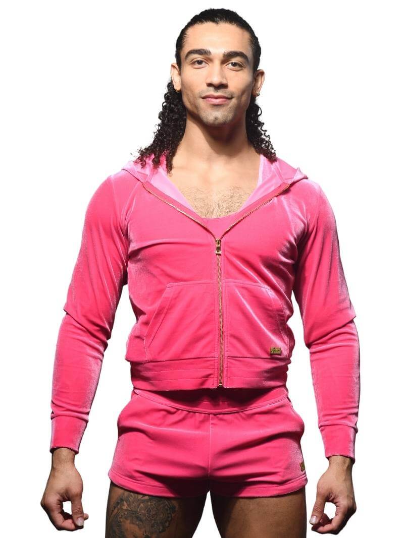Andrew Christian Paris Vibrant Pink Velvet Zipped Hoodie - Image 5