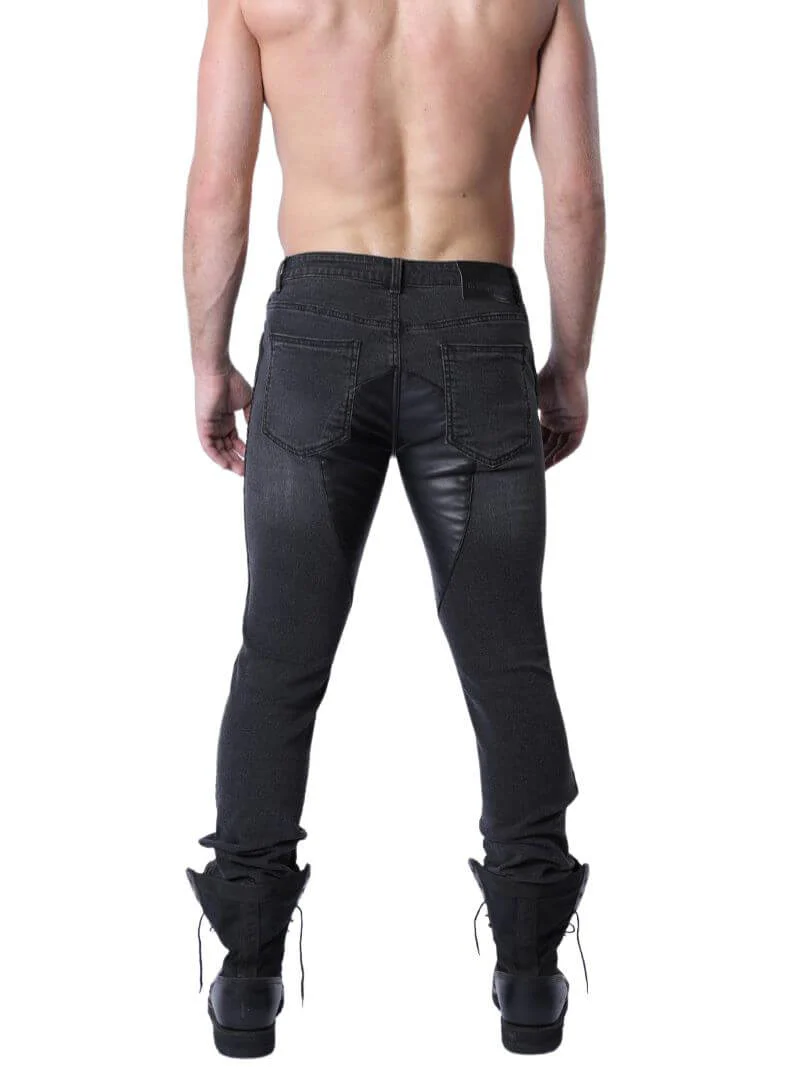 CellBlock13 Saddleback Stretch Fit Black Denim Jeans with Leatherette Panels & Side Tape - 30" - Image 2