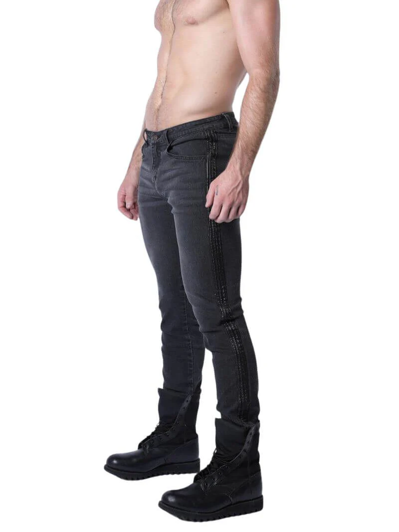CellBlock13 Saddleback Stretch Fit Black Denim Jeans with Leatherette Panels & Side Tape - 30" - Image 3