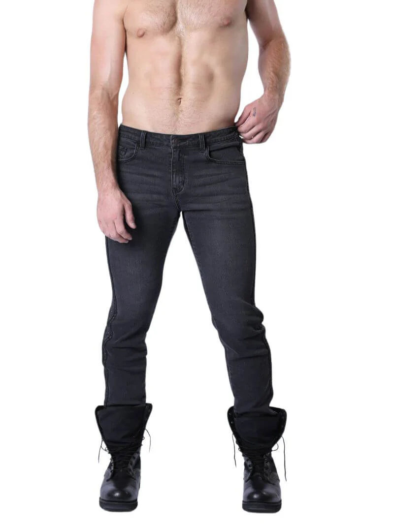 CellBlock13 Saddleback Stretch Fit Black Denim Jeans with Leatherette Panels & Side Tape - 30" - Image 4