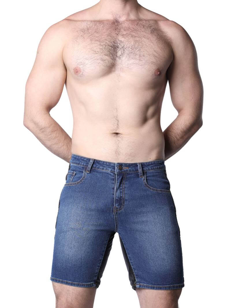 CellBlock13 Saddleback Stretch Fit Denim Shorts with Leatherett Saddle Panels & Side Tape - Image 10