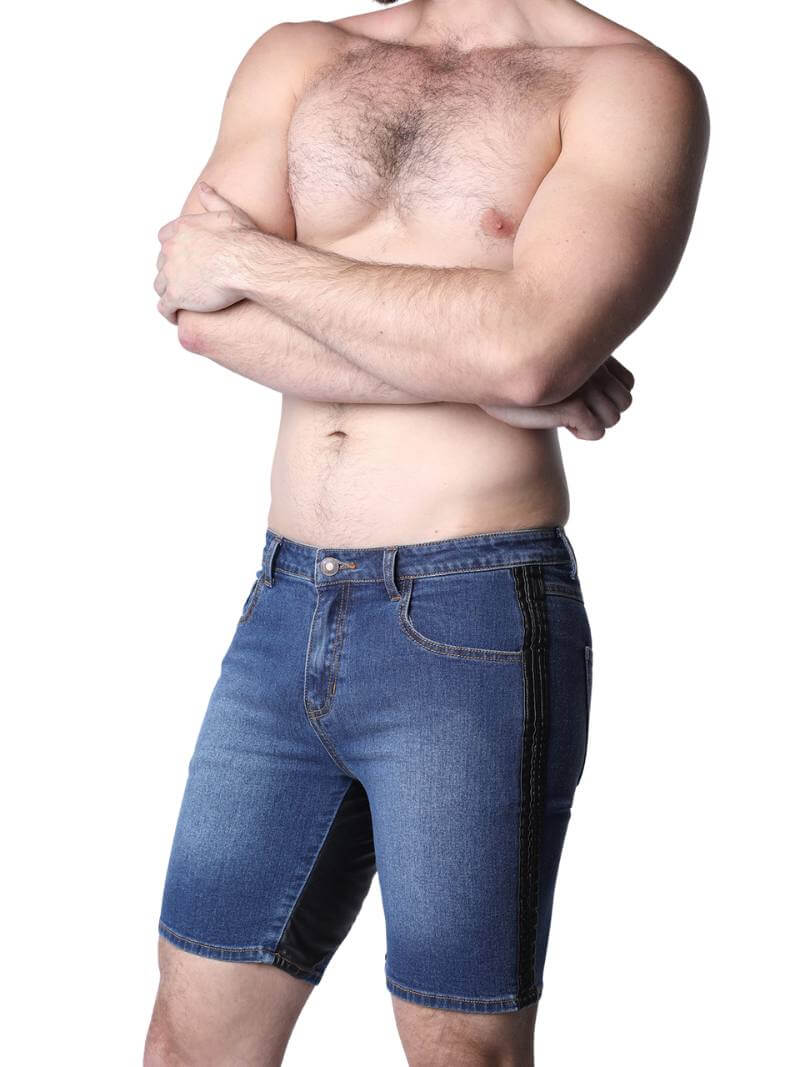 CellBlock13 Saddleback Stretch Fit Denim Shorts with Leatherett Saddle Panels & Side Tape - Image 11