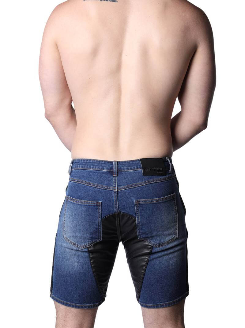 CellBlock13 Saddleback Stretch Fit Denim Shorts with Leatherett Saddle Panels & Side Tape - Image 12