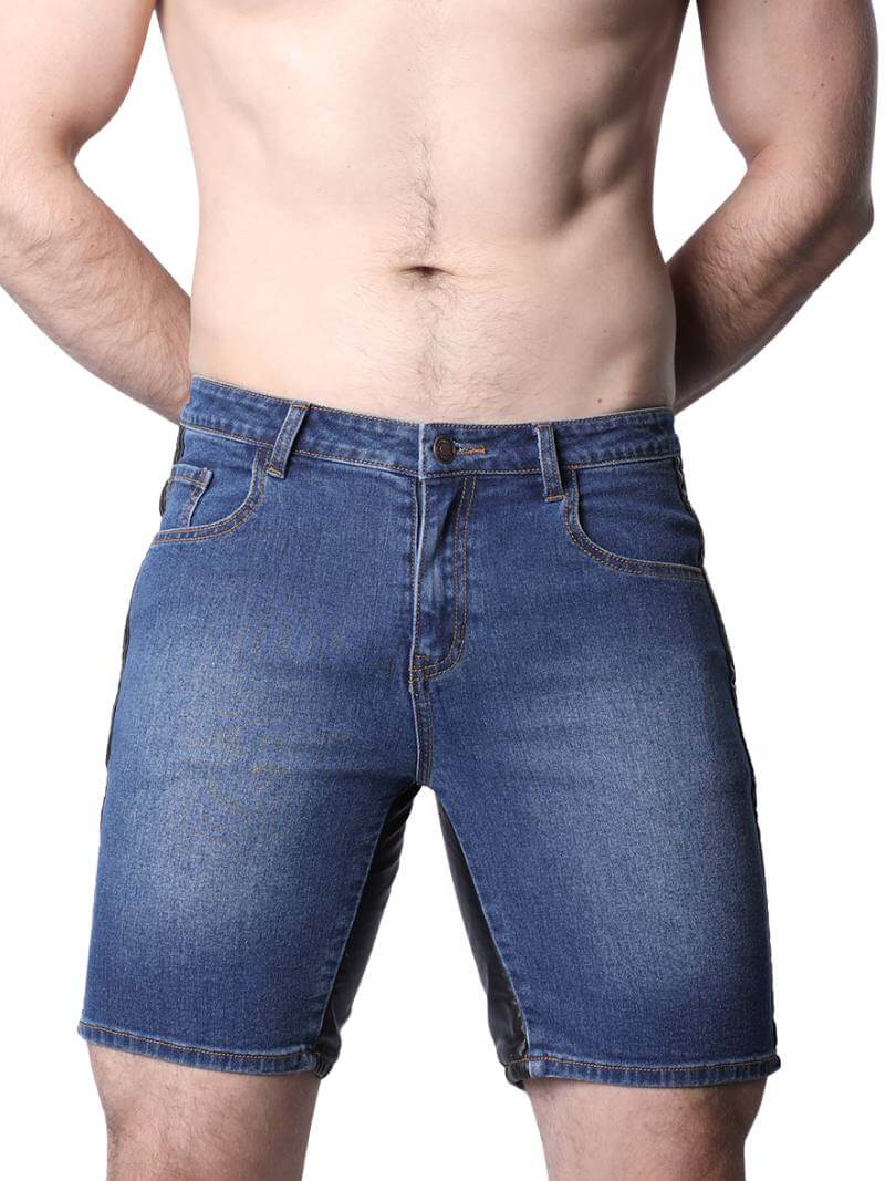 CellBlock13 Saddleback Stretch Fit Denim Shorts with Leatherett Saddle Panels & Side Tape - Image 13