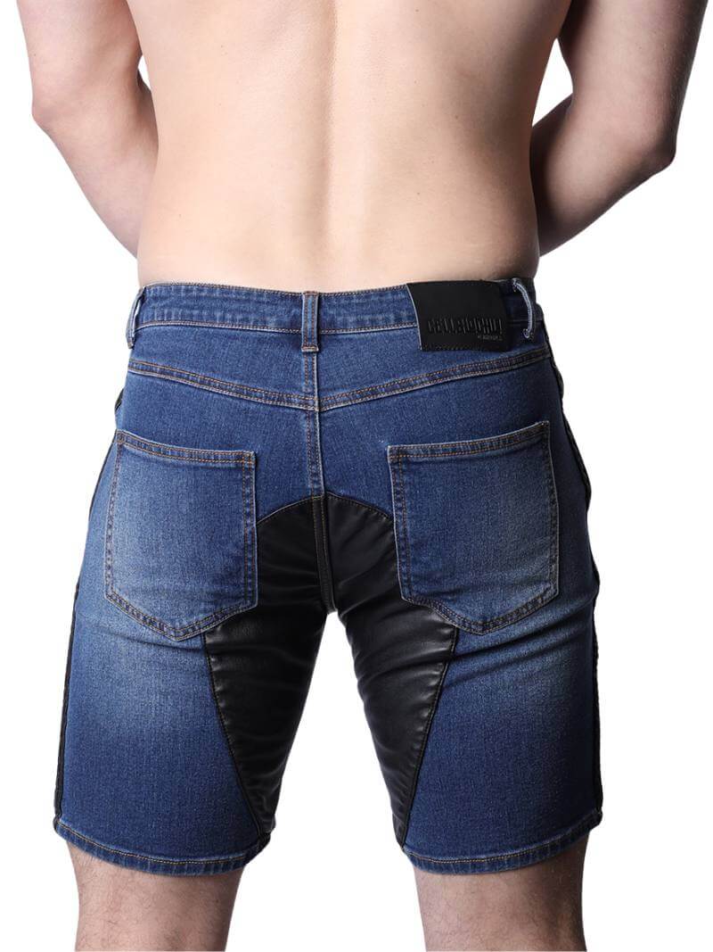 CellBlock13 Saddleback Stretch Fit Denim Shorts with Leatherett Saddle Panels & Side Tape - Image 14
