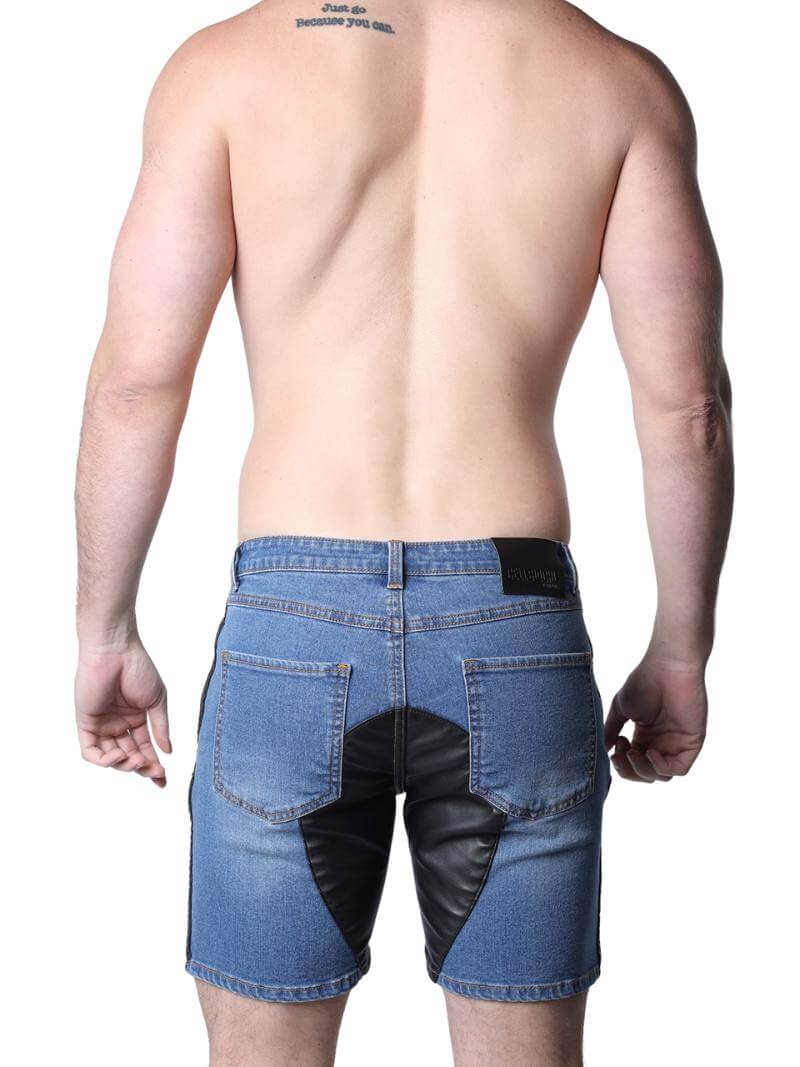 CellBlock13 Saddleback Stretch Fit Denim Shorts with Leatherett Saddle Panels & Side Tape - Image 2