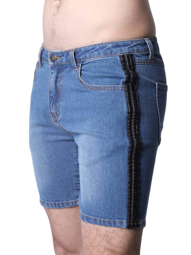 CellBlock13 Saddleback Stretch Fit Denim Shorts with Leatherett Saddle Panels & Side Tape - Image 3