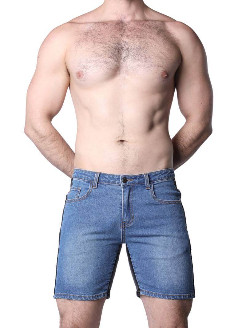 CellBlock13 Saddleback Stretch Fit Denim Shorts with Leatherett Saddle Panels & Side Tape - Image 4