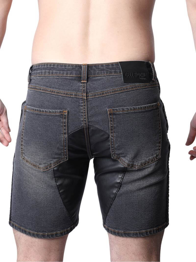 CellBlock13 Saddleback Stretch Fit Denim Shorts with Leatherett Saddle Panels & Side Tape - Image 5