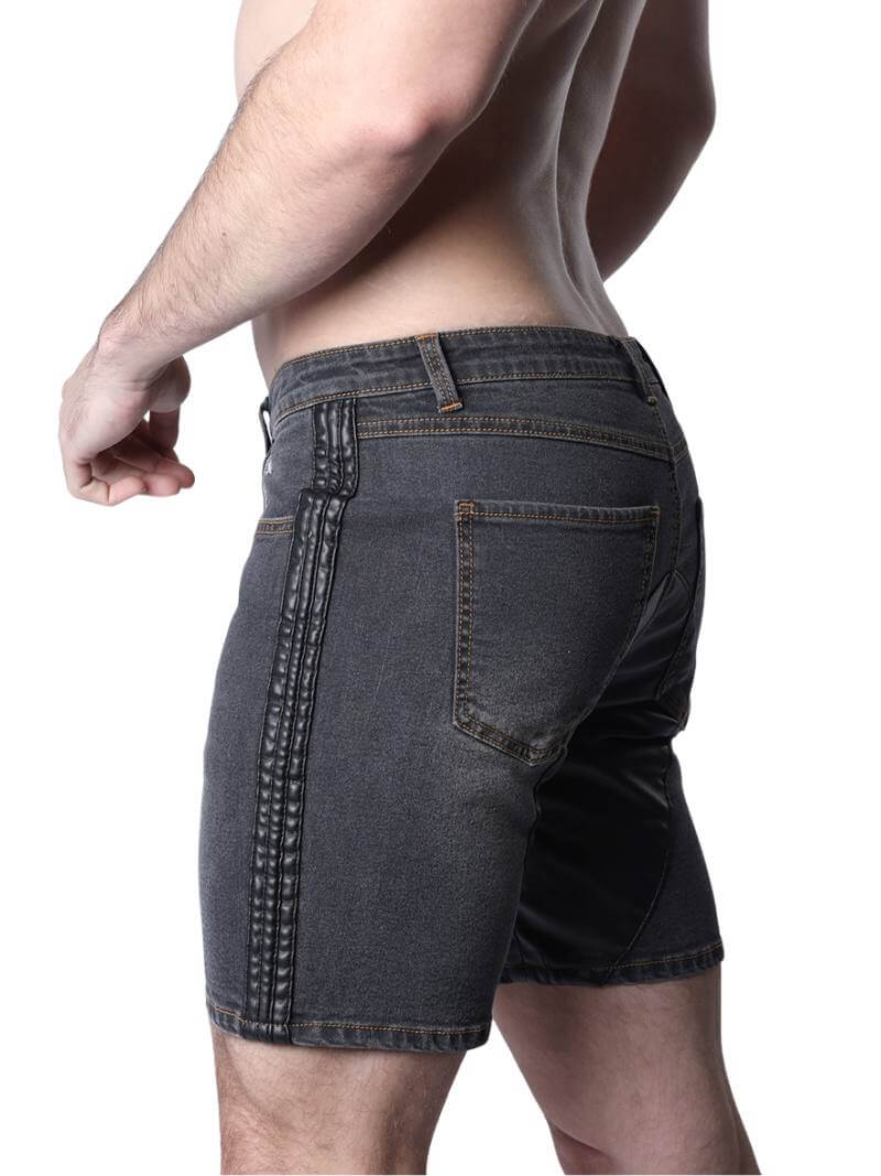 CellBlock13 Saddleback Stretch Fit Denim Shorts with Leatherett Saddle Panels & Side Tape - Image 6