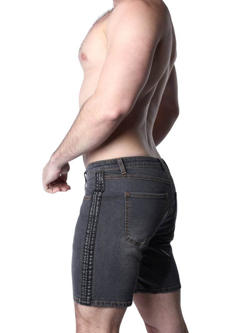 CellBlock13 Saddleback Stretch Fit Denim Shorts with Leatherett Saddle Panels & Side Tape - Image 8