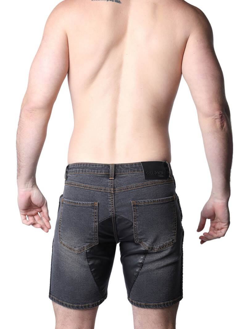 CellBlock13 Saddleback Stretch Fit Denim Shorts with Leatherett Saddle Panels & Side Tape - Image 9
