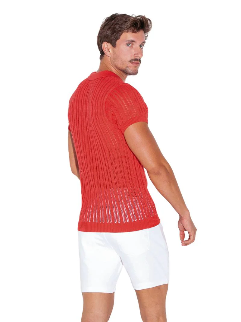 CODE22 Knitted Stripe Coral Polo Shirt - Image 2