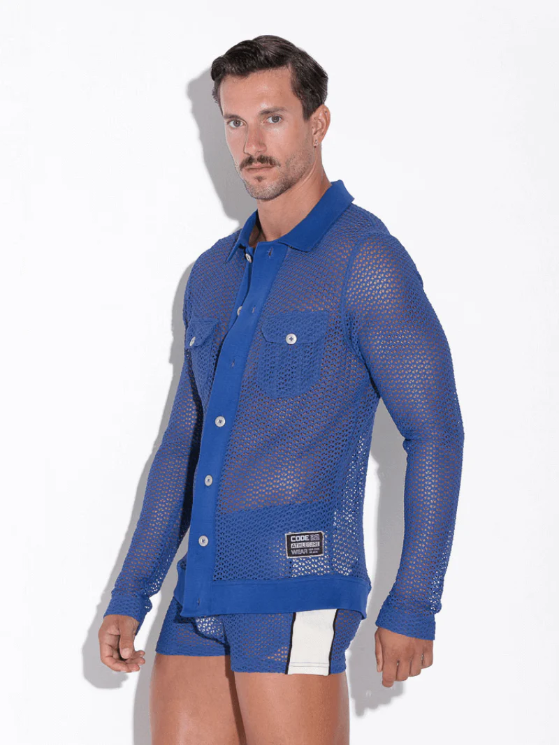 CODE22 Openwork Overshirt: Jacquard Crochet, Long Sleeves, Button-Up, Collared - Image 3