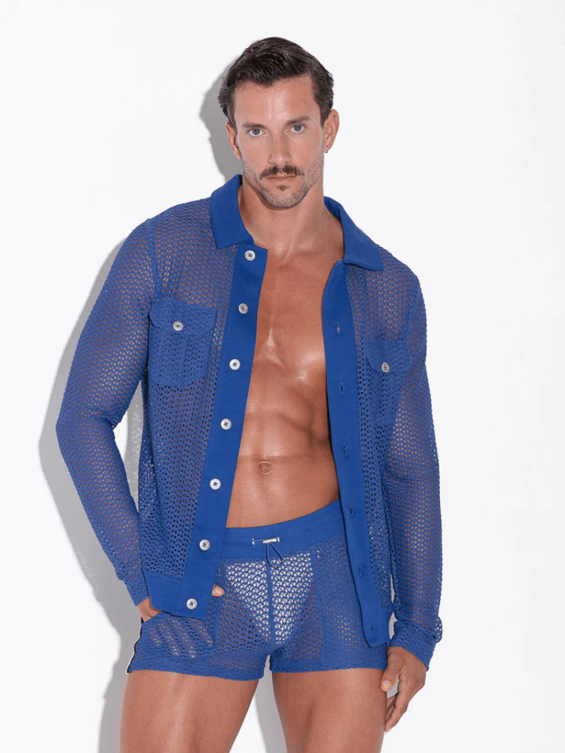 CODE22 Openwork Overshirt: Jacquard Crochet, Long Sleeves, Button-Up, Collared - Image 4
