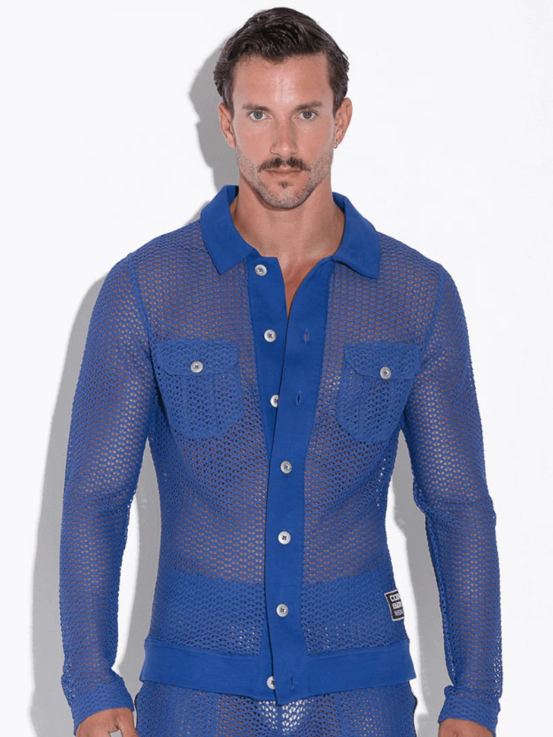 CODE22 Openwork Overshirt: Jacquard Crochet, Long Sleeves, Button-Up, Collared - Image 5