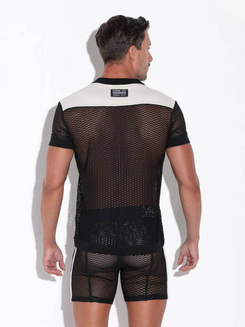 CODE22 Openwork Polo Shirt: Jacquard Crochet, Button-Up, Collared - Image 2