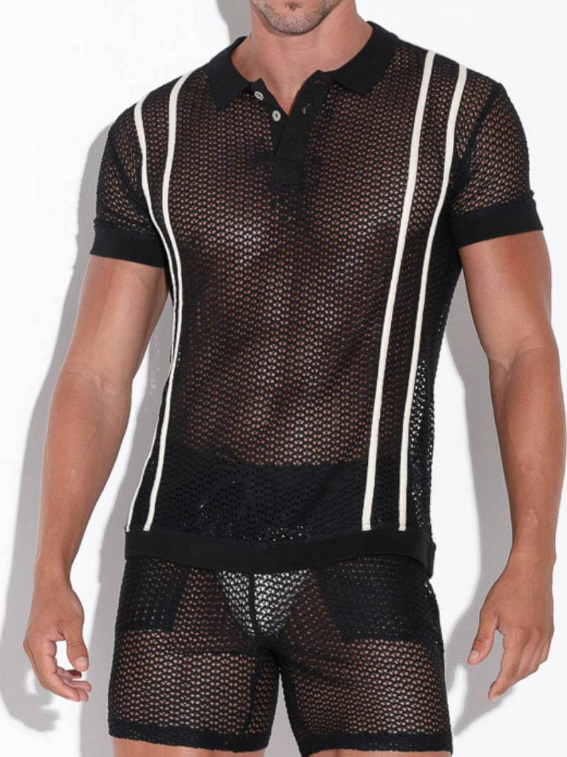 CODE22 Openwork Polo Shirt: Jacquard Crochet, Button-Up, Collared - Image 3