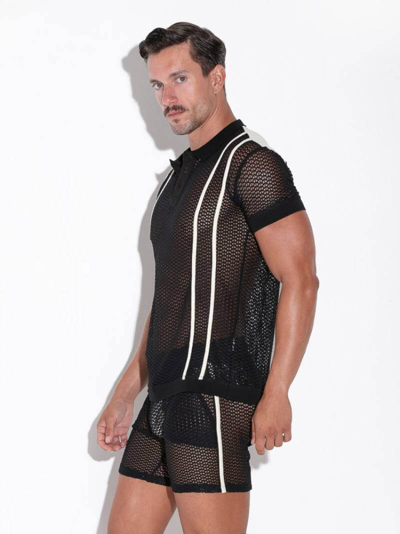 CODE22 Openwork Polo Shirt: Jacquard Crochet, Button-Up, Collared - Image 4
