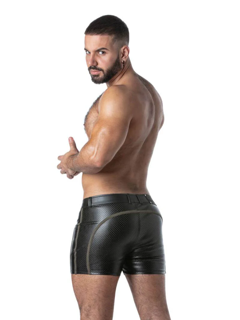 Locker Gear Punch Hole Leather Look Mini Pocket Short, Khaki Trims - SIZE MEDIUM - Image 3