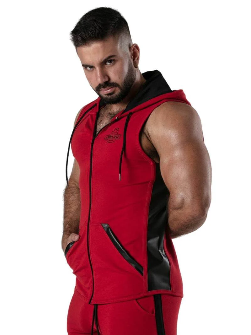 Locker Gear Ribbed Cotton & Leatherette Sleeveless Hoody: Zipped, Pockets, Hooded - Image 3