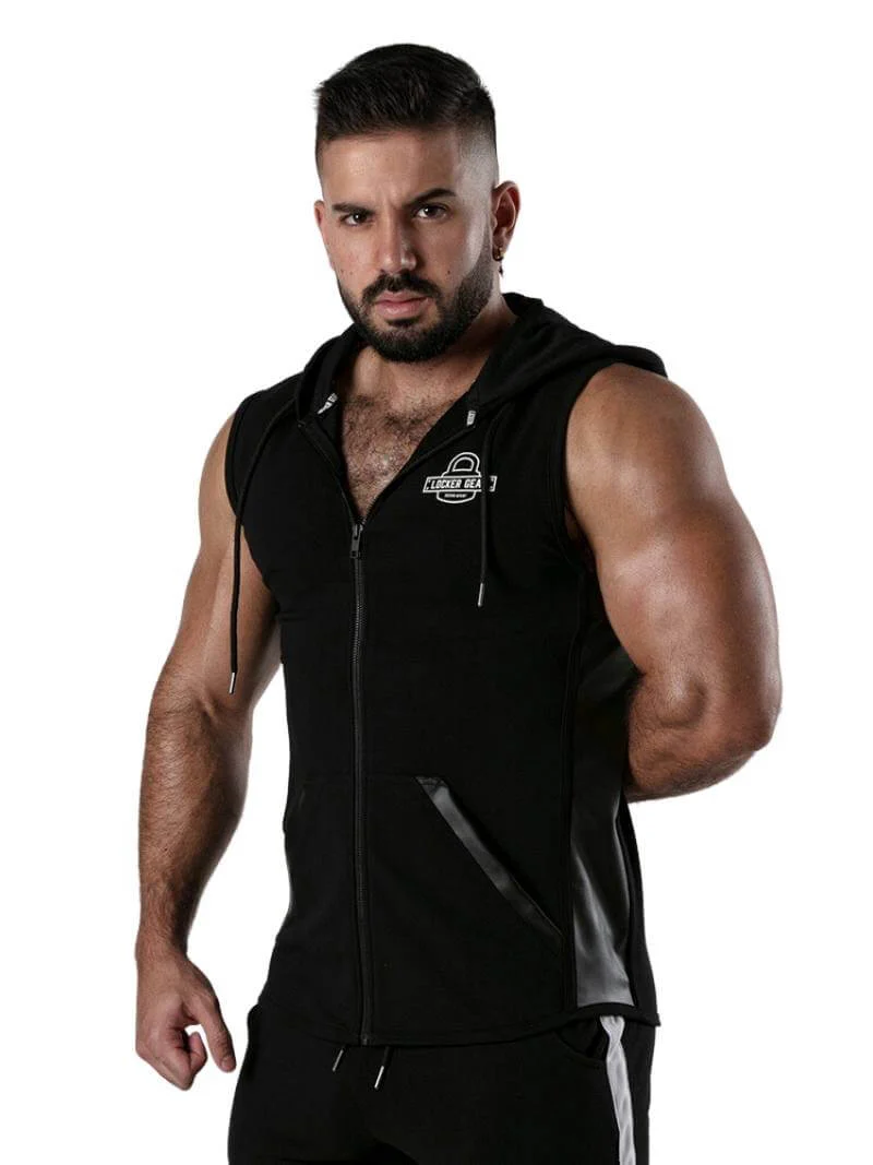 Locker Gear Ribbed Cotton & Leatherette Sleeveless Hoody: Zipped, Pockets, Hooded - Image 4