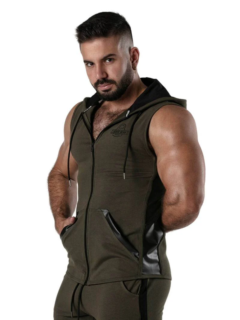 Locker Gear Ribbed Cotton & Leatherette Sleeveless Hoody: Zipped, Pockets, Hooded - Image 7