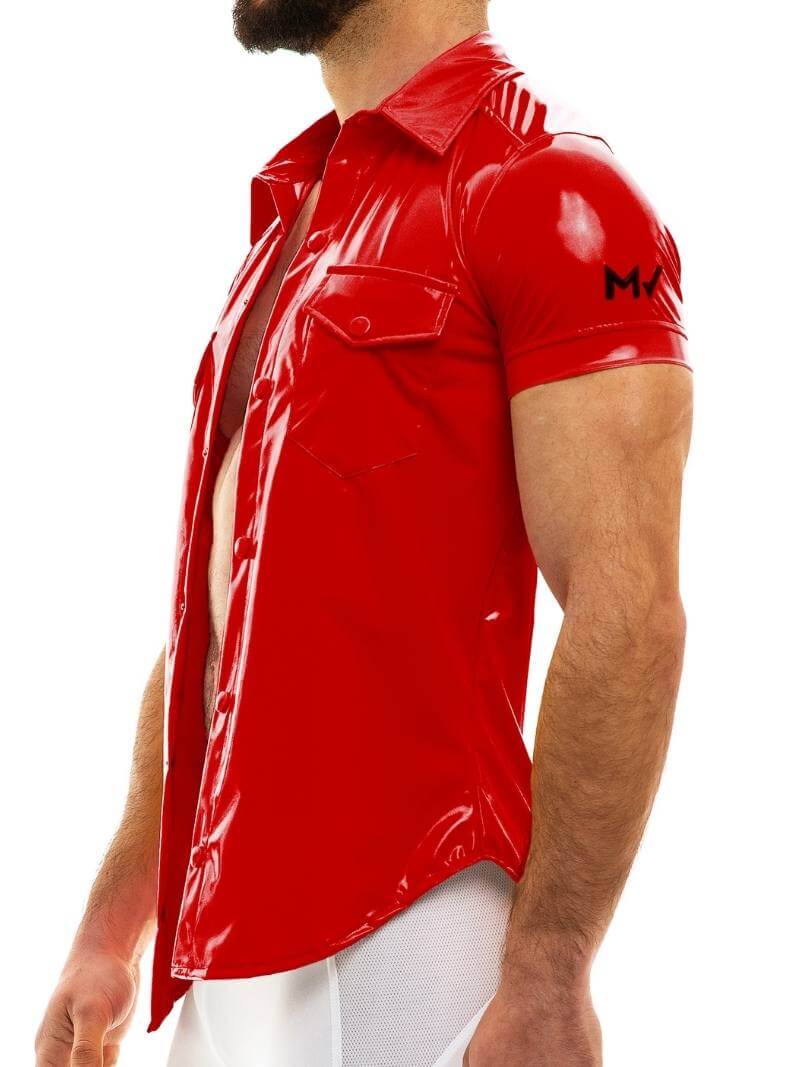 MODUS VIVENDI Vinyl Shirt: Shiny PVC Look, Short Sleeves, Collared, Button Up - Image 3
