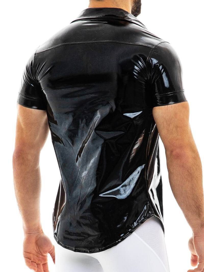 MODUS VIVENDI Vinyl Shirt: Shiny PVC Look, Short Sleeves, Collared, Button Up - Image 9