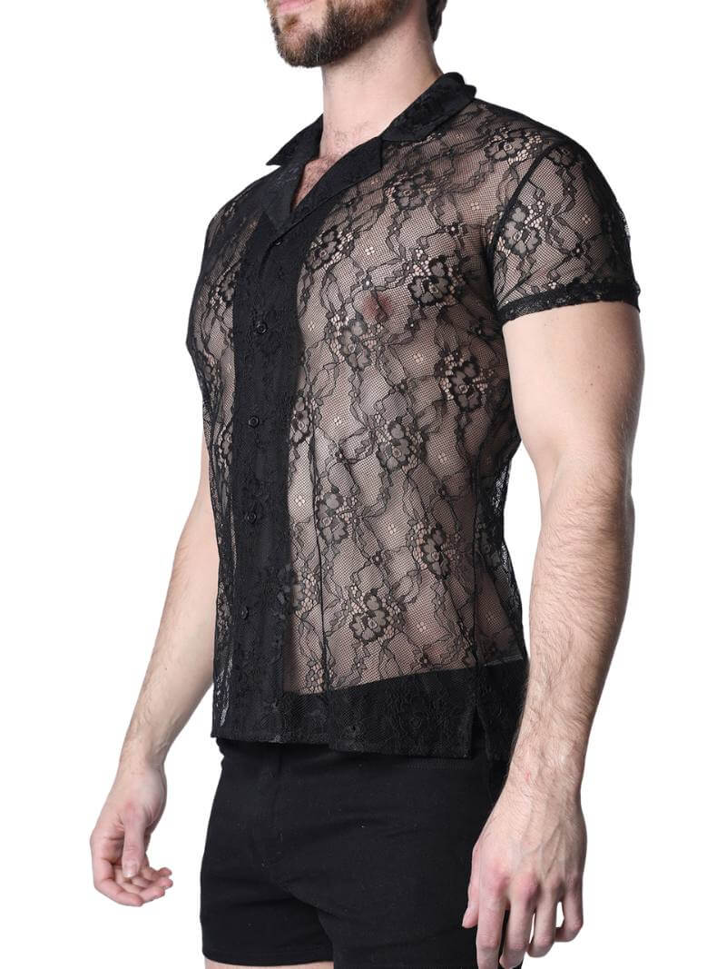 Timoteo Positano Black Floral Lace Buttoned Shirt - Image 4
