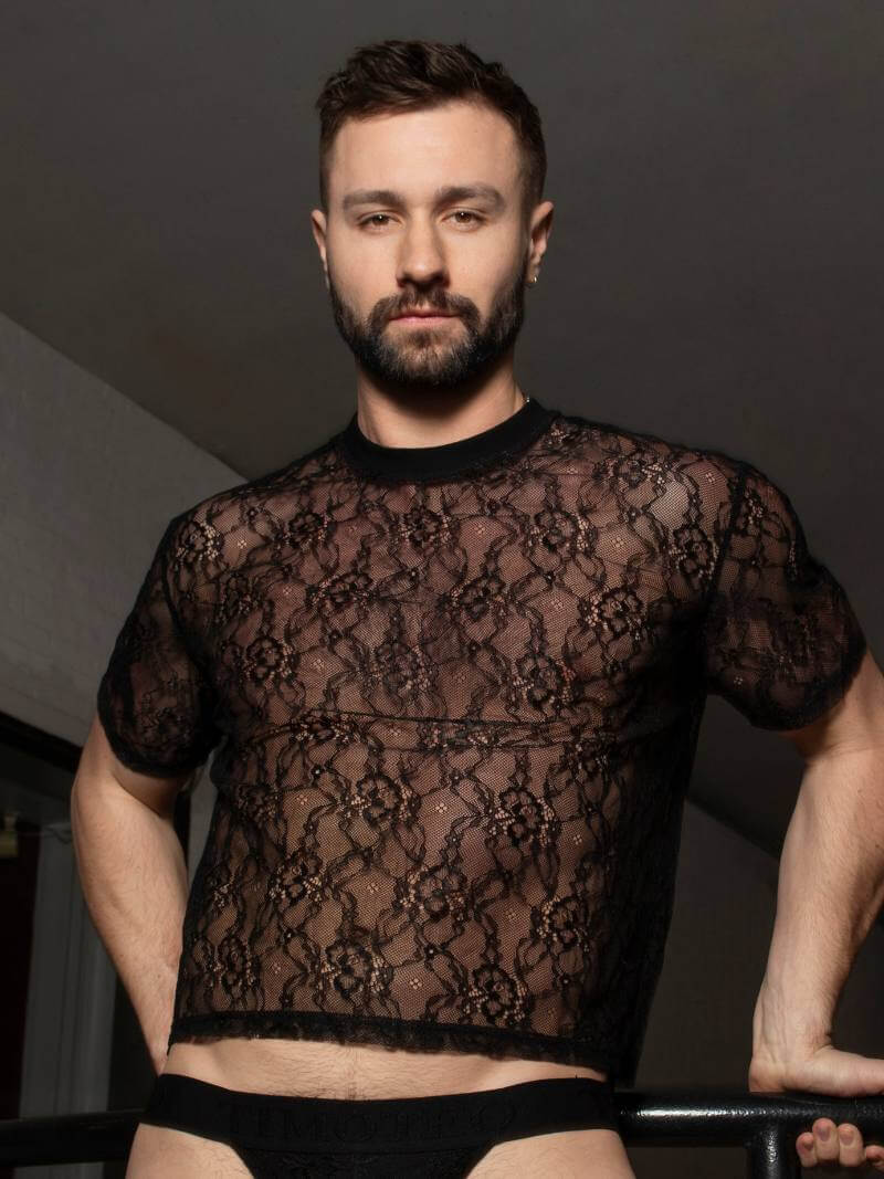 Timoteo Positano Black Floral Lace Cropped Tee - Image 2