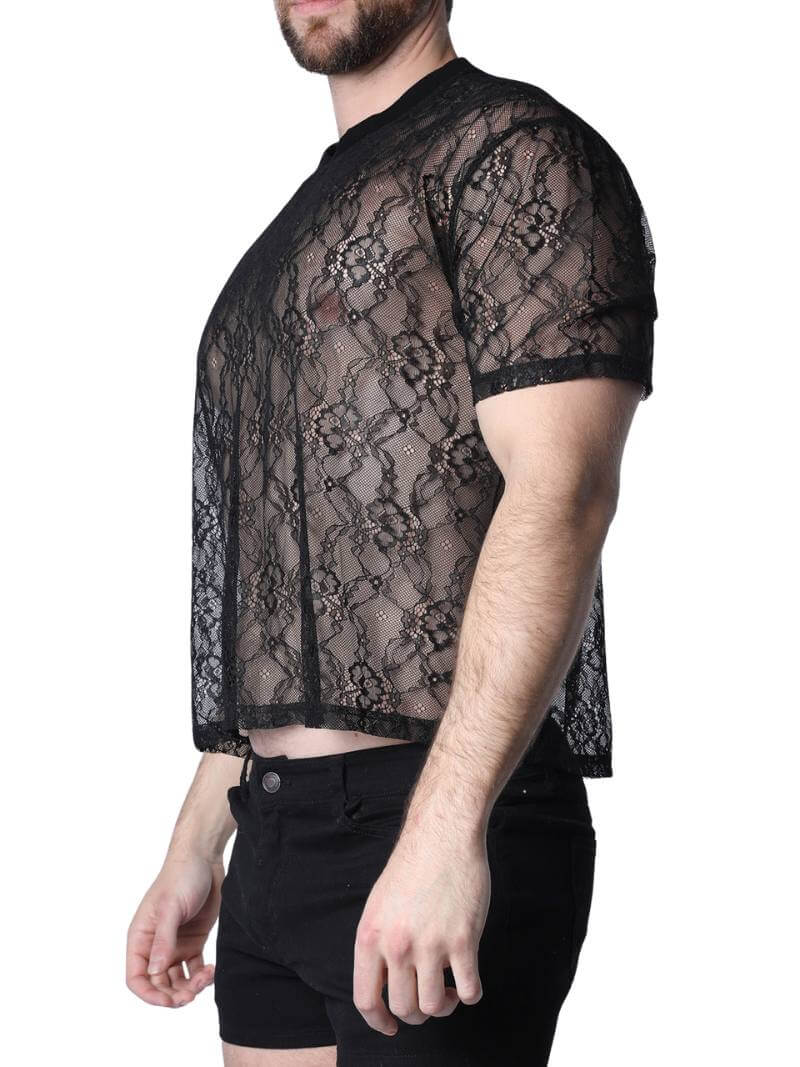 Timoteo Positano Black Floral Lace Cropped Tee - Image 4
