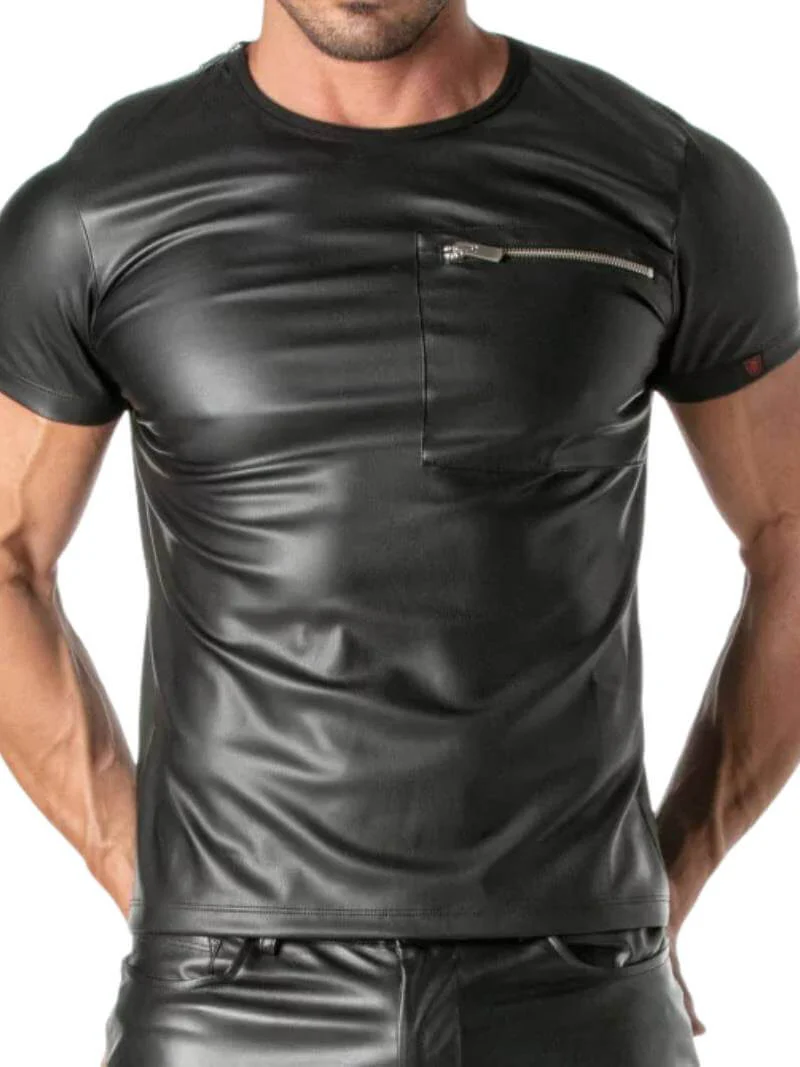 TOF Paris Kinky Leather Look T-Shirt with Zipped Chest Pocket - Image 3