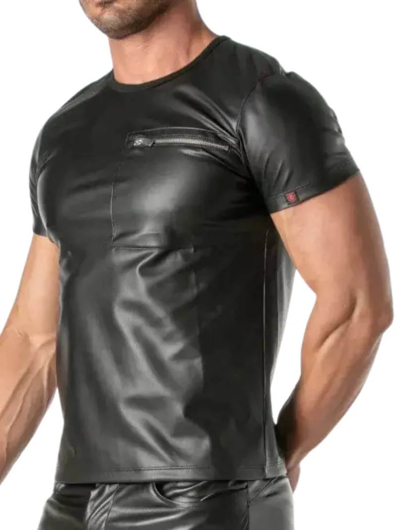TOF Paris Kinky Leather Look T-Shirt with Zipped Chest Pocket - Image 4